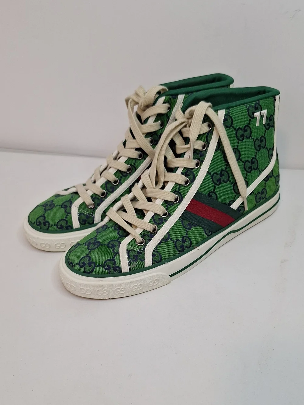 Gucci Green GG Canvas High-Top Sneakers with Red & Navy Stripe